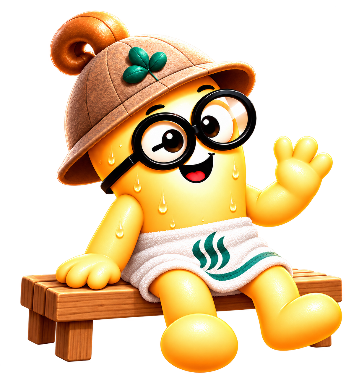Approved Sauna Pal character waving while seated on a sauna bench